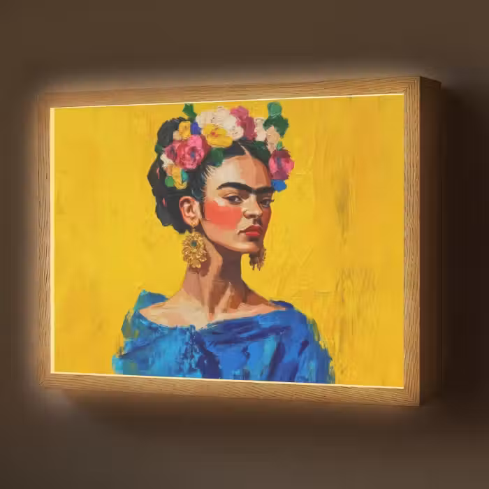 Lightbox - Wandlamp - Frida Kahlo - Vrouw - Geel - Blauw - Bloemen