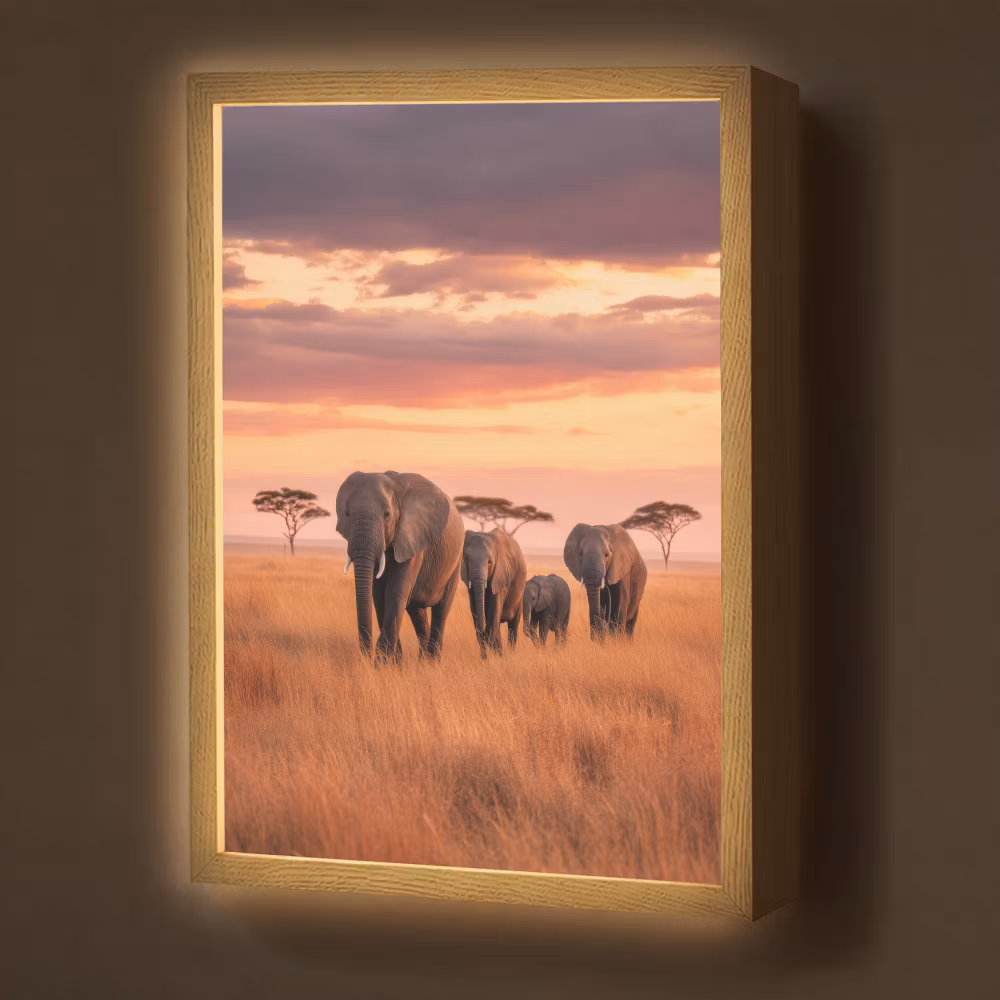Lightbox - Wandlamp - Groep olifanten - Open vlakte - Zon