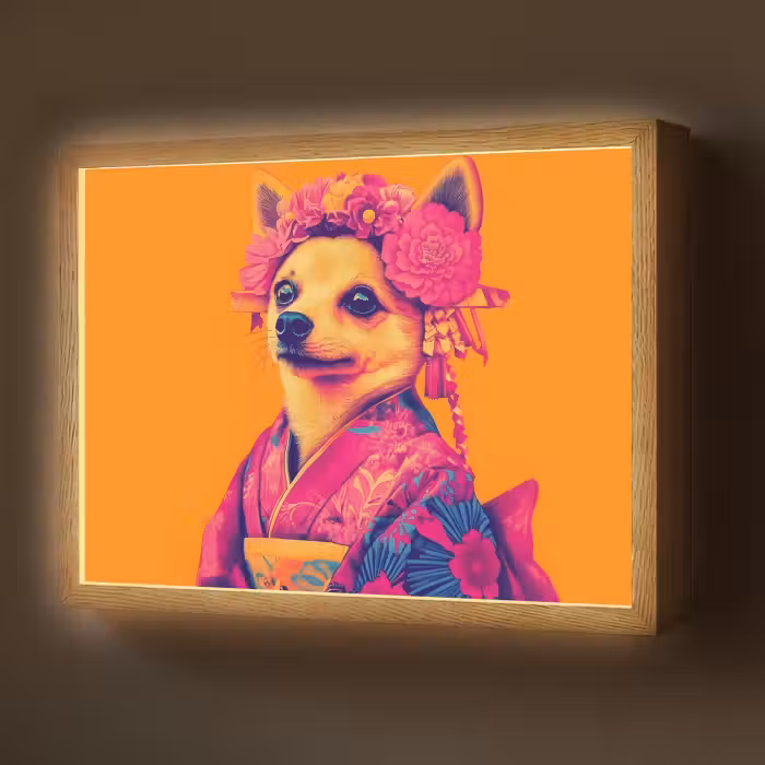 Lightbox - Wandlamp - Kimono - Hondje - Bloemenkroon - Oranje