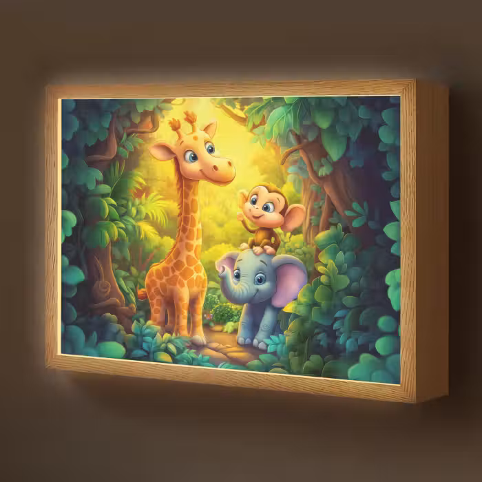 Lightbox - Wandlamp kinderkamer - Dieren - Jungle - Giraf - Olifant - Aapje