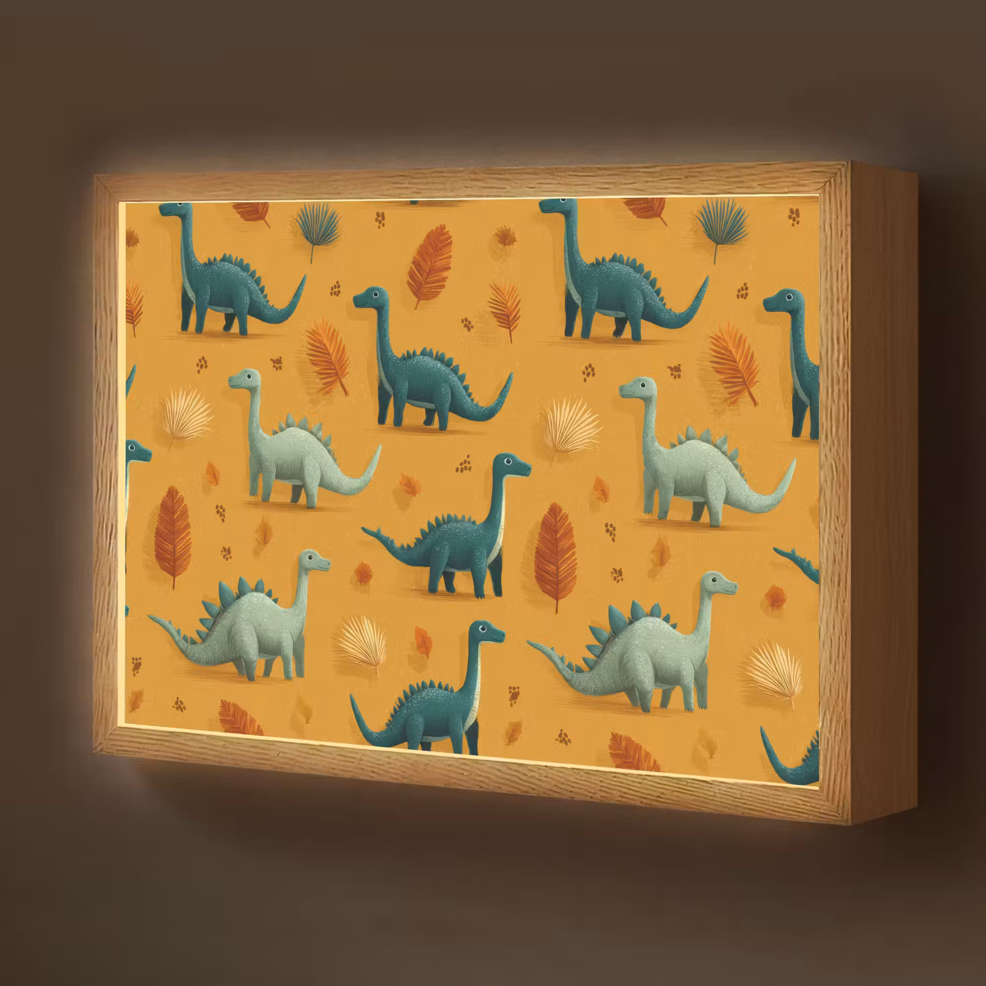 Lightbox - Wandlamp kinderkamer - Dinosaurussen - Stekels - Herfstbladeren - Bruin