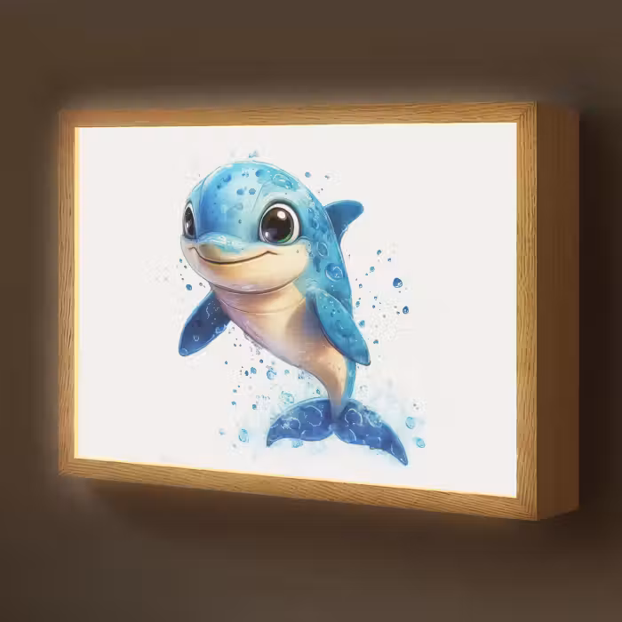 Lightbox - Wandlamp kinderkamer - Dolfijn - Blauw - Water - Druppels