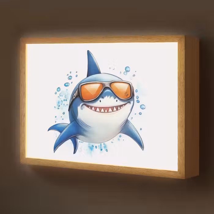 Lightbox - Wandlamp kinderkamer - Haai - Zonnebril - Blauw - Water