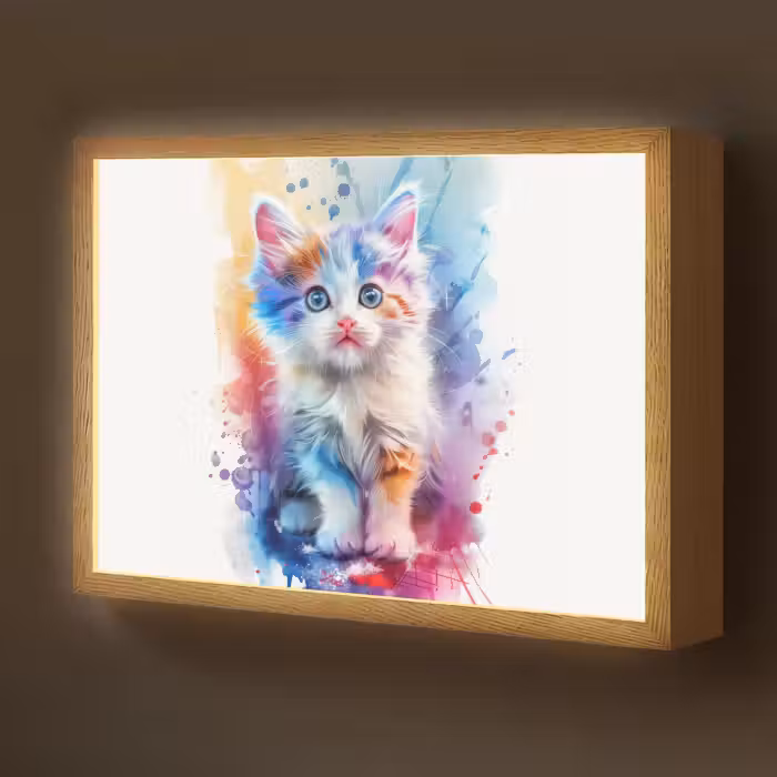 Lightbox - Wandlamp kinderkamer - Kat - Kleurrijk - Verf - Dier - Wit