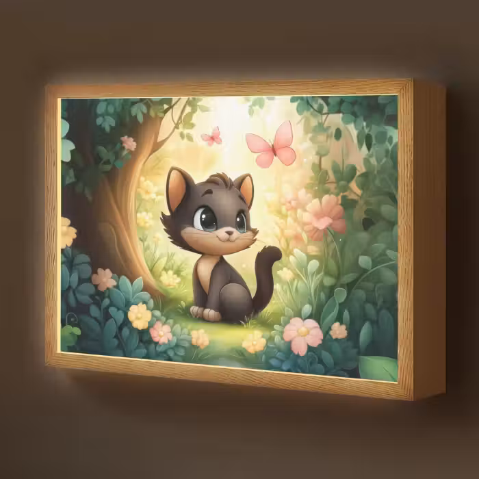 Lightbox - Wandlamp kinderkamer - Kat - Zwart - Bos - Vlinders