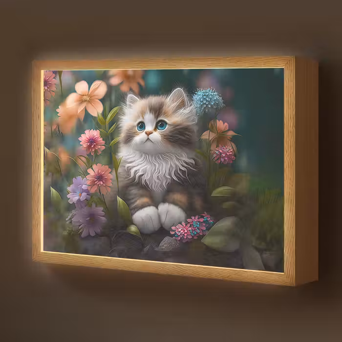 Lightbox - Wandlamp kinderkamer - Kitten - Illustratie - Bloemen - Natuur - Kat