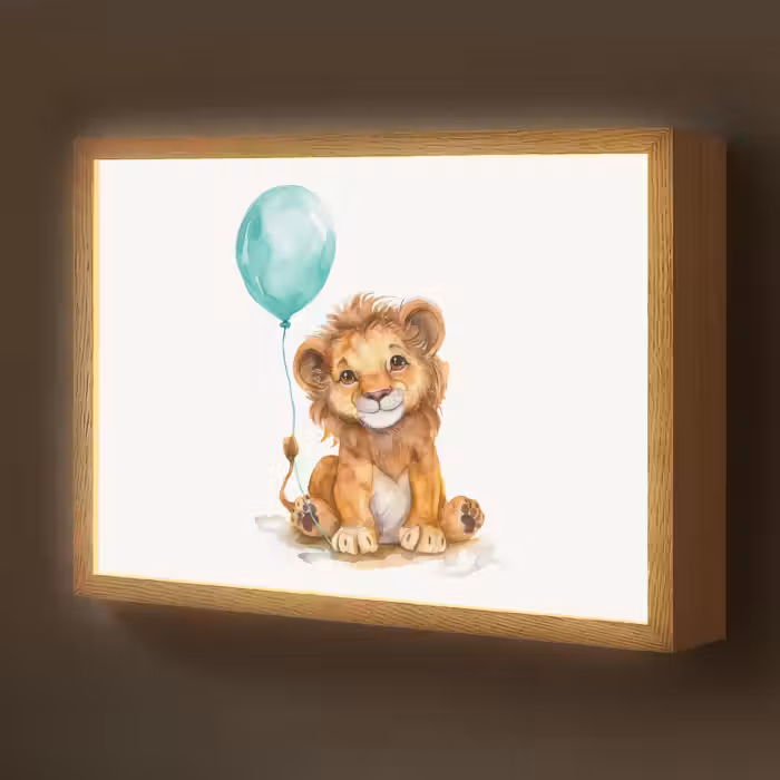 Lightbox - Wandlamp kinderkamer - Leeuw - Baby dier - Blauwe ballon
