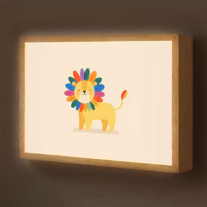 Lightbox - Wandlamp kinderkamer - Leeuw - Kleurrijke manen - Beige
