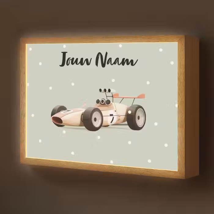 Lightbox - Wandlamp kinderkamer met naam - Beige - Raceauto - Stippen - Wielen