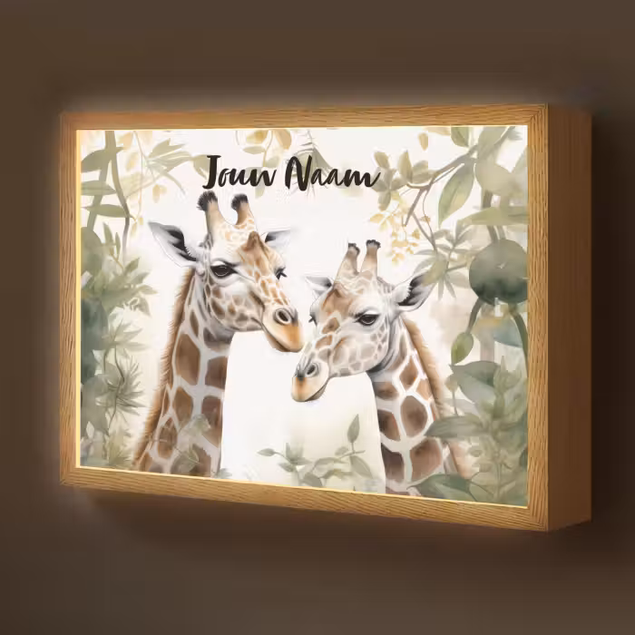 Lightbox - Wandlamp kinderkamer met naam - Dieren - Giraffe - Bladeren - Kinderen