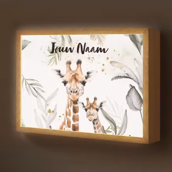 Lightbox - Wandlamp kinderkamer met naam - Giraffe - Bladeren - Kinderen - Dieren - Jungle