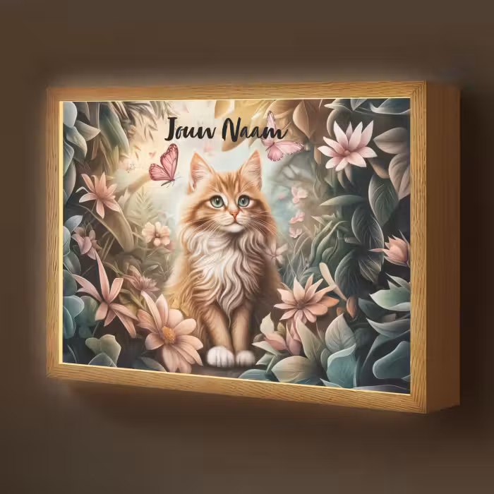 Lightbox - Wandlamp kinderkamer met naam - Kat - Bloemen - Vlinders - Roze
