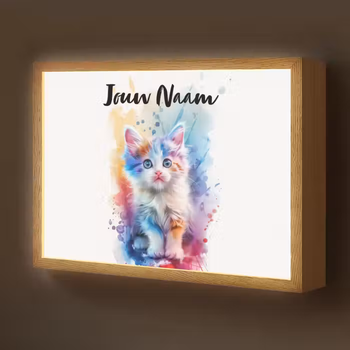 Lightbox - Wandlamp kinderkamer met naam - Kat - Kleurrijk - Verf - Dier - Wit