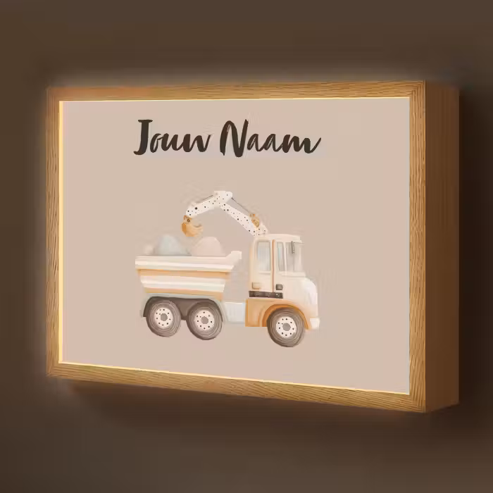 Lightbox - Wandlamp kinderkamer met naam - Kiepwagen - Auto - Beige - Stenen
