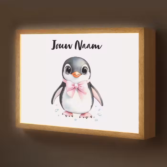 Lightbox - Wandlamp kinderkamer met naam - Pinguïn - Strikje - Roze - Dier