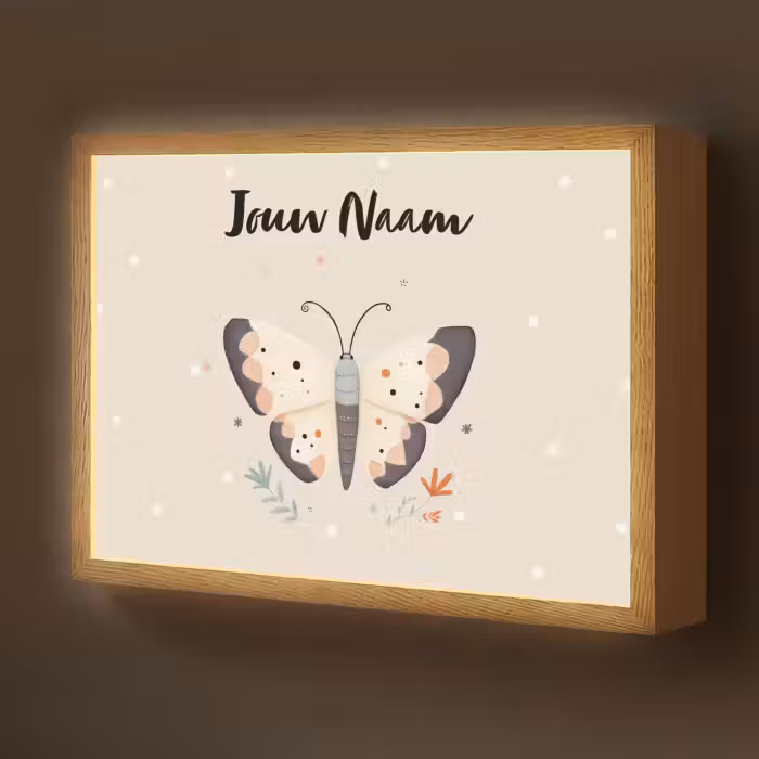Lightbox - Wandlamp kinderkamer met naam - Vlinder - Stippen - Bloemen - Beige
