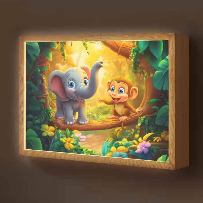 Lightbox - Wandlamp kinderkamer - Olifant - Appje - Jungle - Kleurrijk