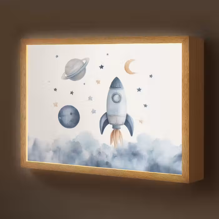 Lightbox - Wandlamp kinderkamer - Waterverf - Planeten - Sterren - Raket