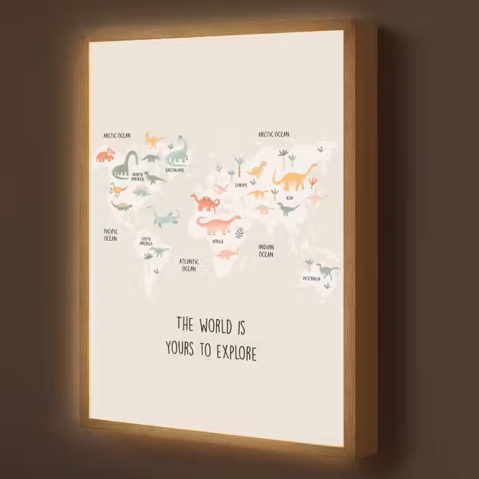 Lightbox - Wandlamp kinderkamer - Wereldkaart - Dino - Kinderen - Dinosaurus