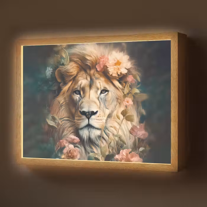 Lightbox - Wandlamp - Leeuw - Leeuwenkop - Wilde dieren - Bloemen