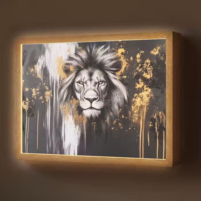 Lightbox - Wandlamp - Leeuw - Portret - Verfspatten - Grijs