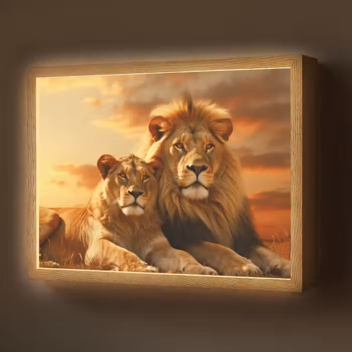 Lightbox - Wandlamp - Leeuwen - Zonsondergang - Afrika - Savanne - Dieren