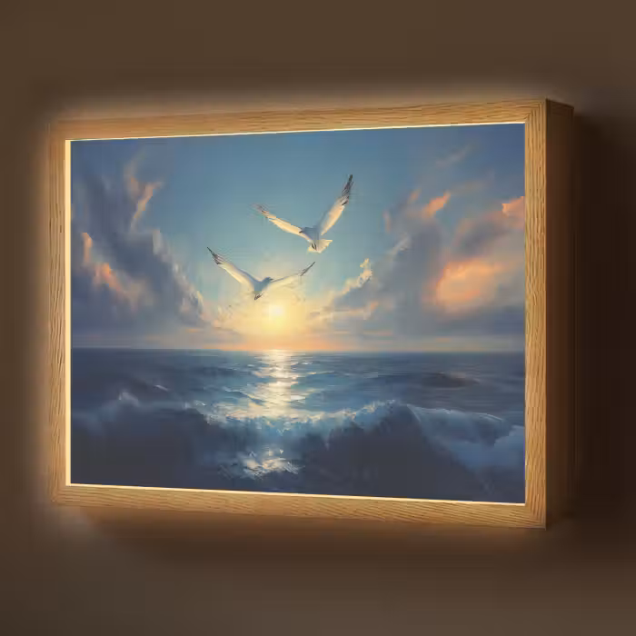 Lightbox - Wandlamp - Meeuwen - Zee - Wolken -Blauw