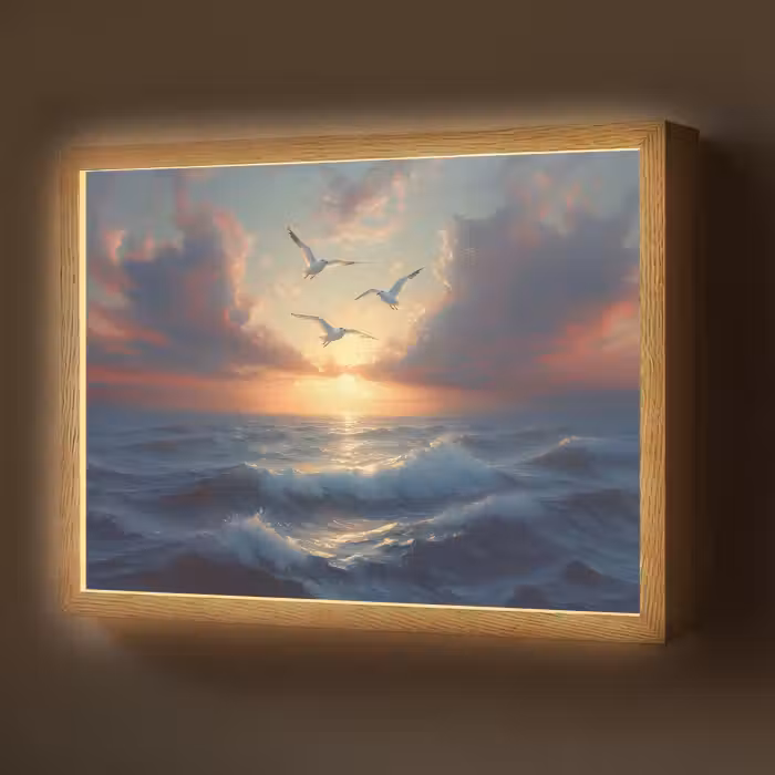 Lightbox - Wandlamp - Meeuwen - Zonsondergang - Zee - Wolken