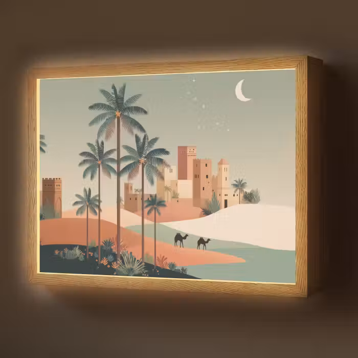 Lightbox - Wandlamp - Nachtlandschap - Kamelen - Sterren - zandduinden