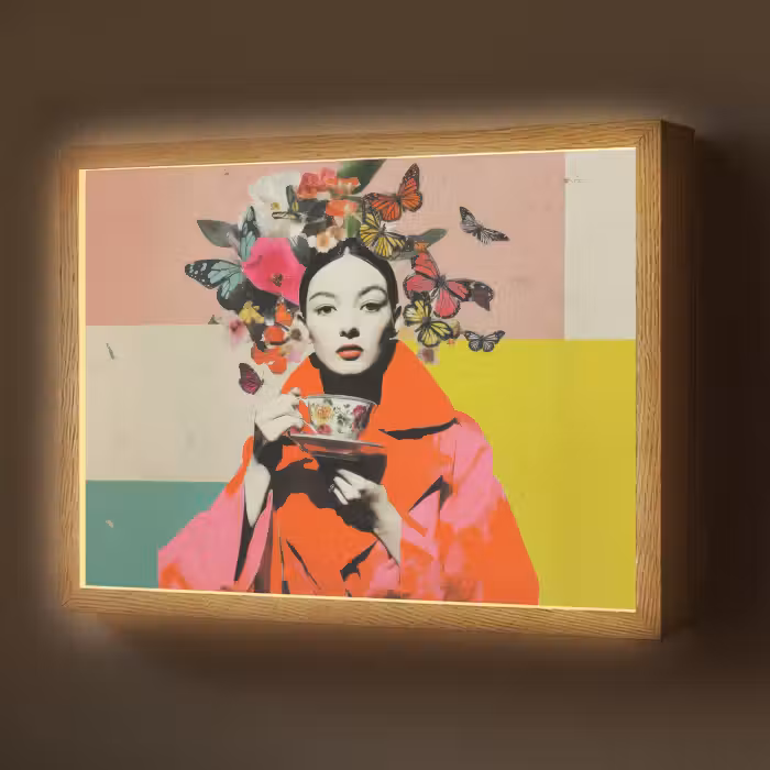Lightbox - Wandlamp - Retro - Vrouw - Kopje - Vlinders