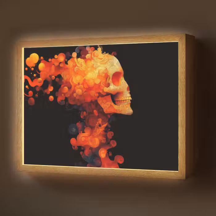 Lightbox - Wandlamp - Schedel - Oranje - Zijaanzicht - Vlammen