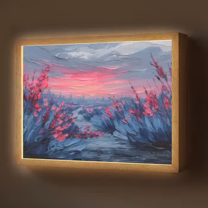 Lightbox - Wandlamp - Schilderij - Zonsondergang - Bloemen - Rivier