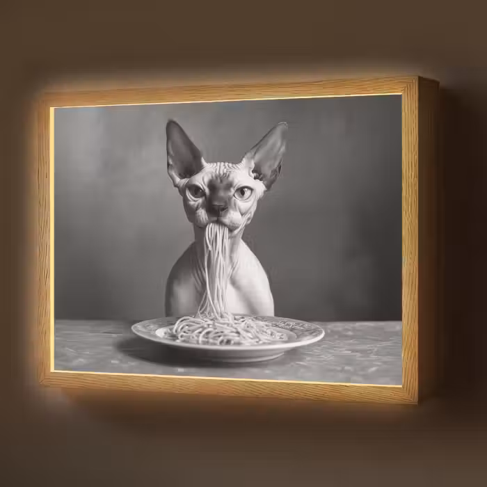 Lightbox - Wandlamp - Sphynx - Kat - Dieren - Humor - Spaghetti - Zwart Wit