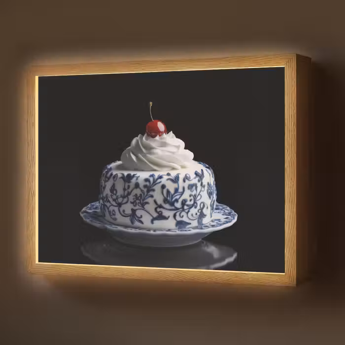 Lightbox - Wandlamp - Taart - Slagroom - Kers - Bord - Delfts blauw