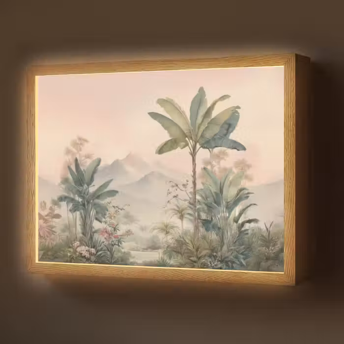 Lightbox - Wandlamp - Tropisch landschap - palmbomen - Bloemen - Roze lucht