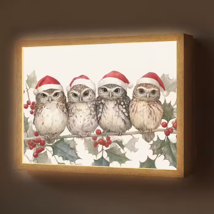 Lightbox - Wandlamp - Uilen - Tak - Hulstblaadjes - Kerstmuts