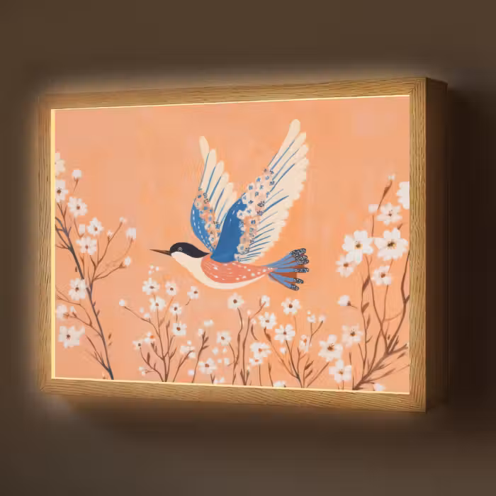 Lightbox - Wandlamp - Vogel - Bloesemtakken - Warm - Kleurrijk
