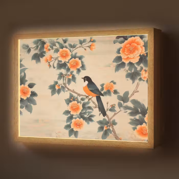 Lightbox - Wandlamp - Vogel - Tak - Bloemen - Oranje