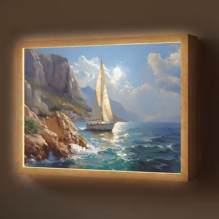 Lightbox - Wandlamp - Zeilschip - Zee - Rotsen - Wolken
