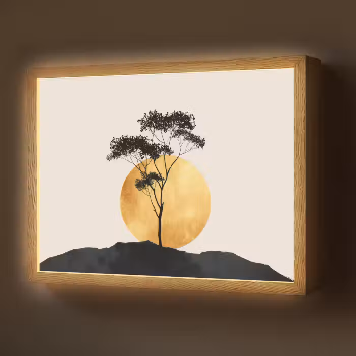 Lightbox - Wandlamp - Zwarte boom - Gouden cirkel - Heuvel
