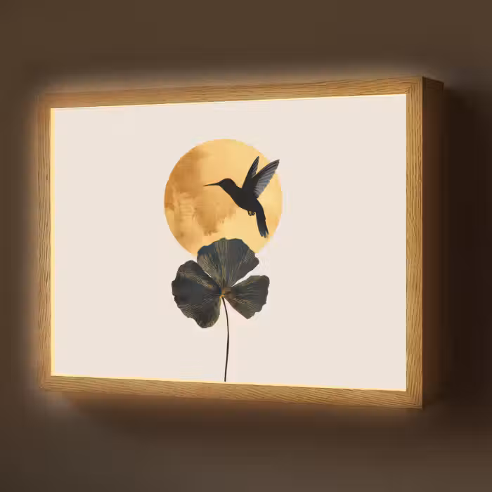 Lightbox - Wandlamp - Zwarte kolibrie - Bloem - Gouden cirkel