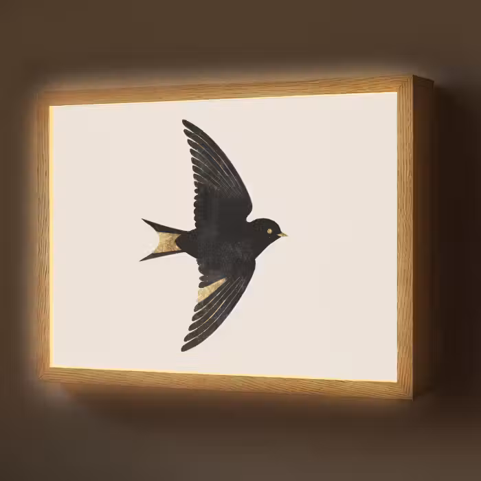 Lightbox - Wandlamp - Zwarte zwaluw - Gouden accenten - Lichte achtergrond