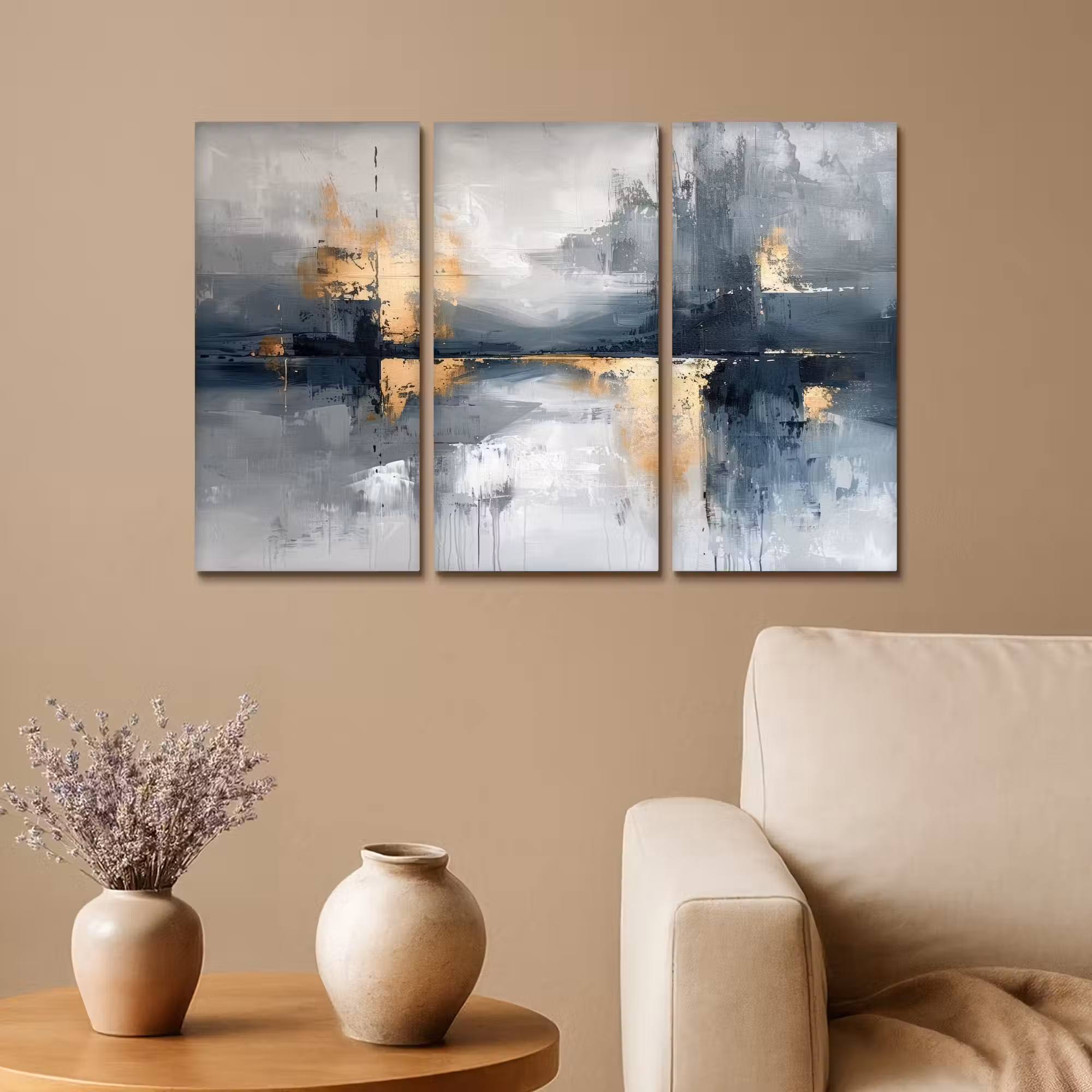 Meerluik schilderij - 3 luiken - Abstract - Grijs - Goud - Modern