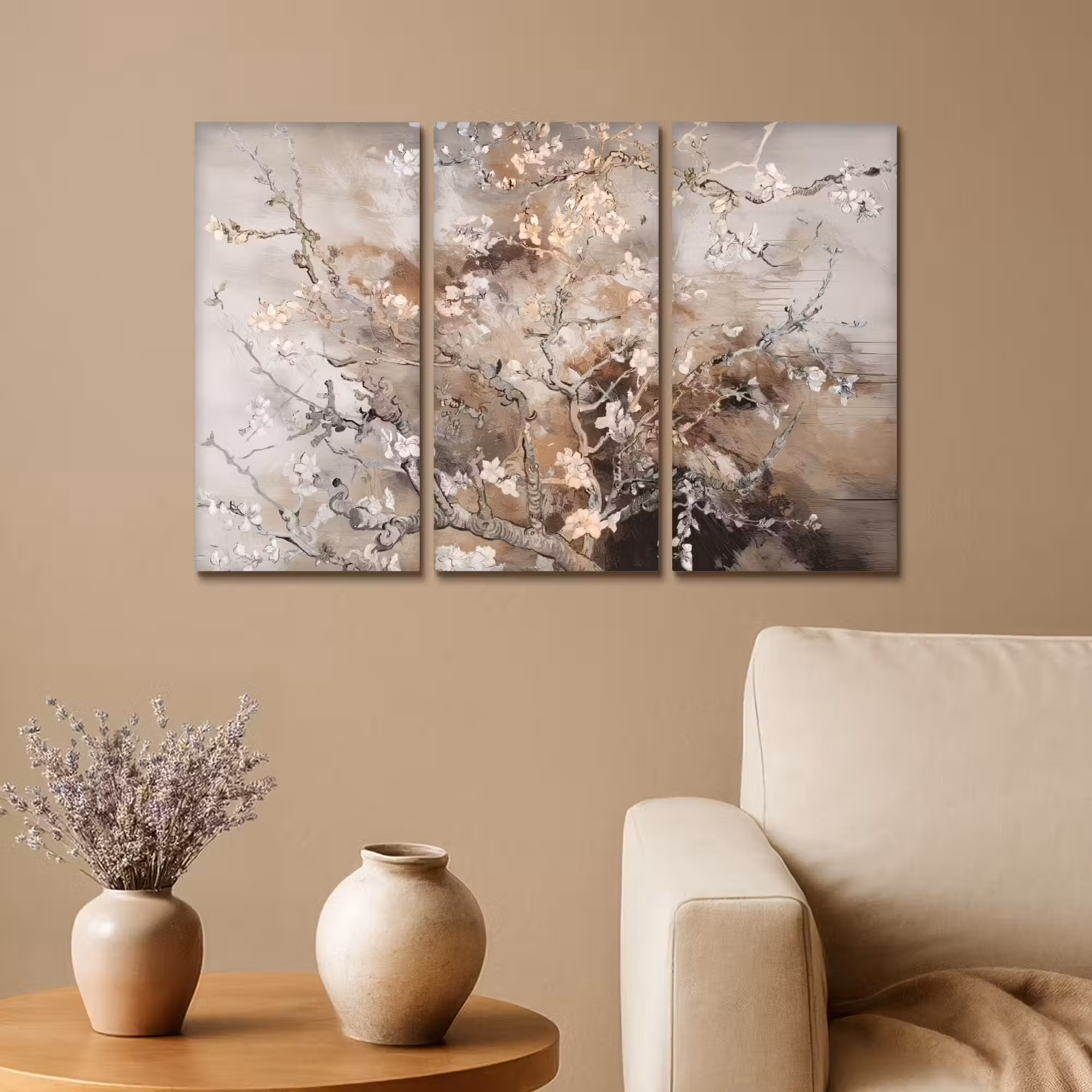 Meerluik schilderij - 3 luiken - Amandelbloesem - Abstract - Beige