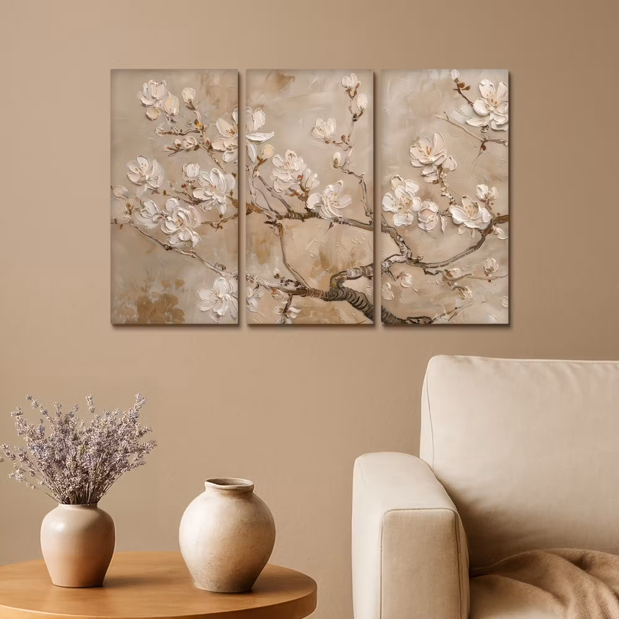 Meerluik schilderij - 3 luiken - Beige - Bloesem - Modern