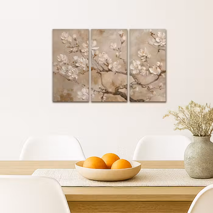 Meerluik schilderij -  3 luiken - Beige - Bloesem - Modern