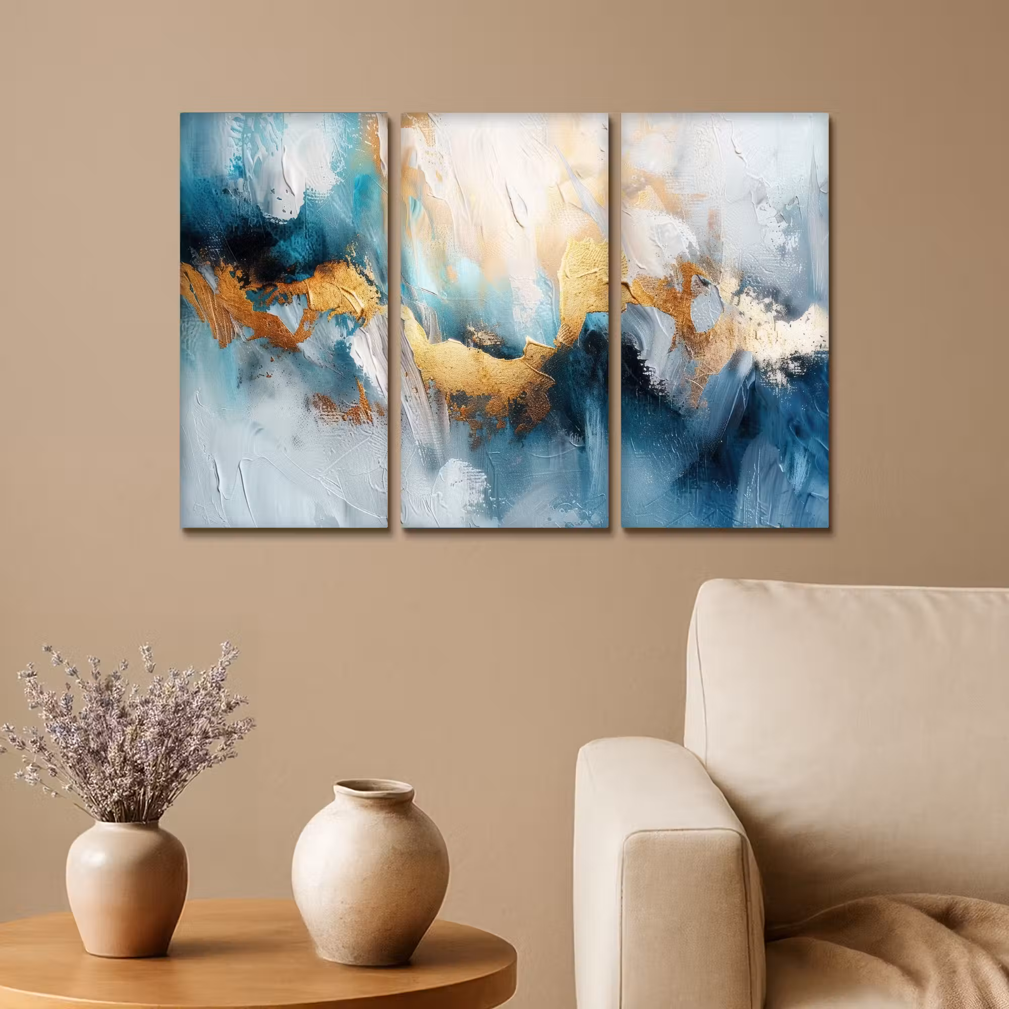 Meerluik schilderij - 3 luiken - Blauw - Abstract - Wit - Goud - Verf