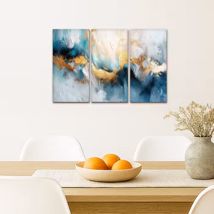 Meerluik schilderij -  3 luiken - Blauw - Abstract - Wit - Goud - Verf
