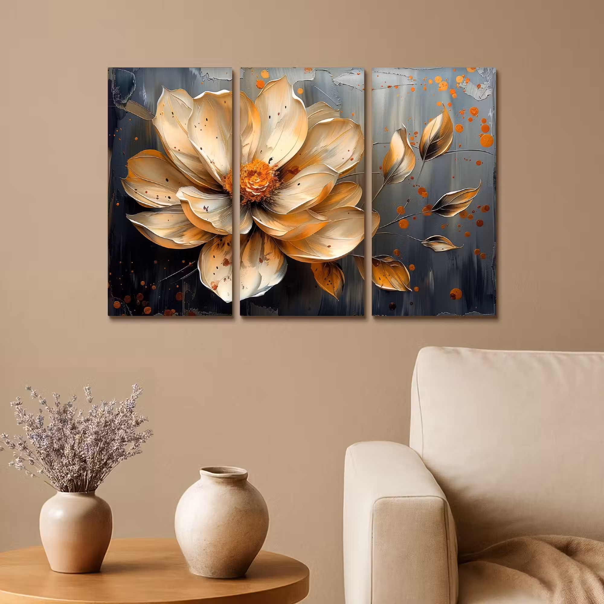 Meerluik schilderij - 3 luiken - Bloem - Goud - Abstract - Verf
