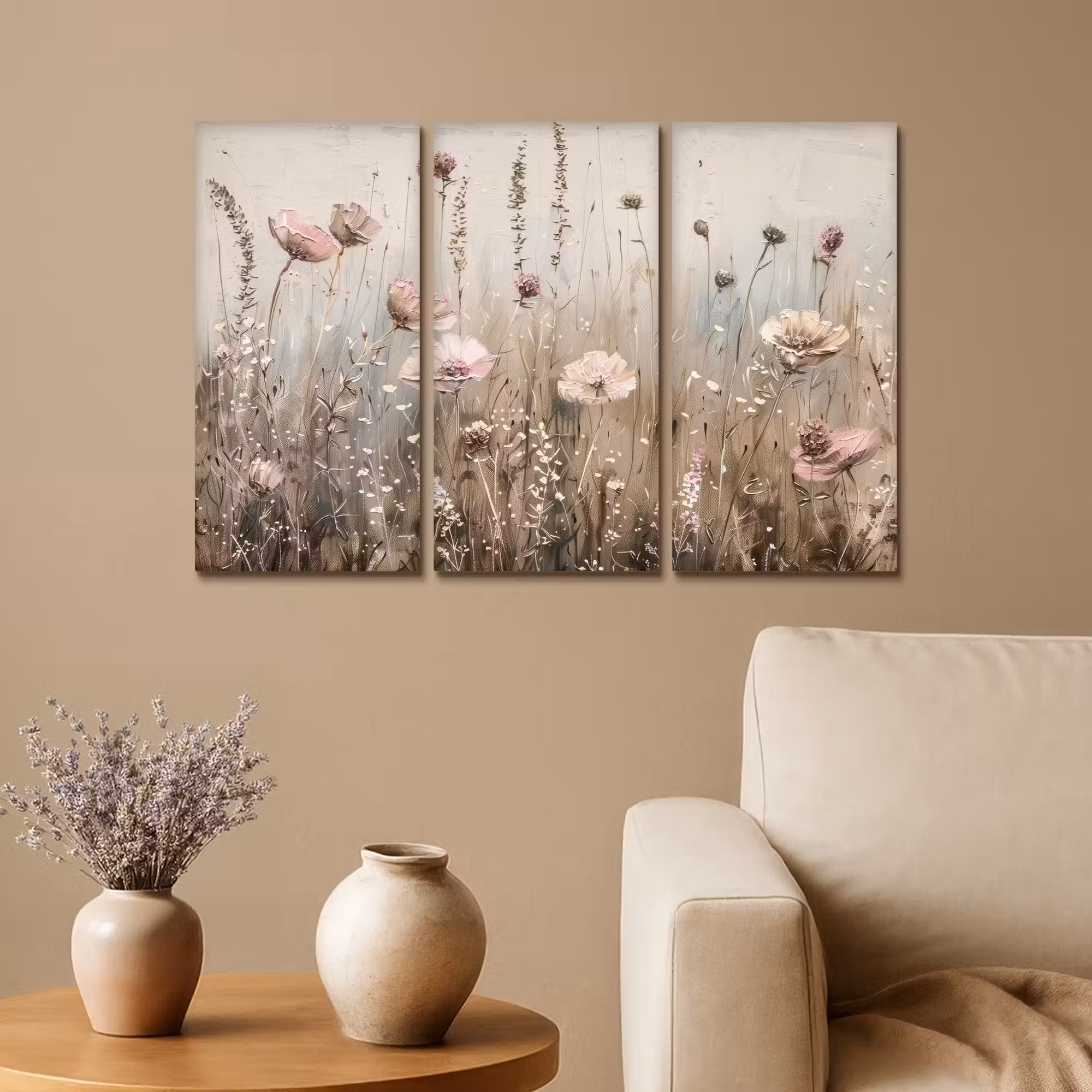 Meerluik schilderij - 3 luiken - Bloemen - Beige - Modern - Roze